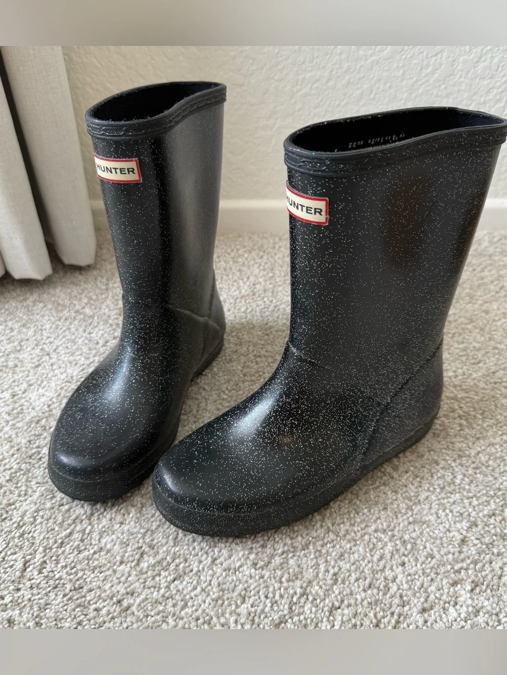 Hunter Kids Original Glitter Boots Black Mid Calf Rain Boots US Size 2 Girls